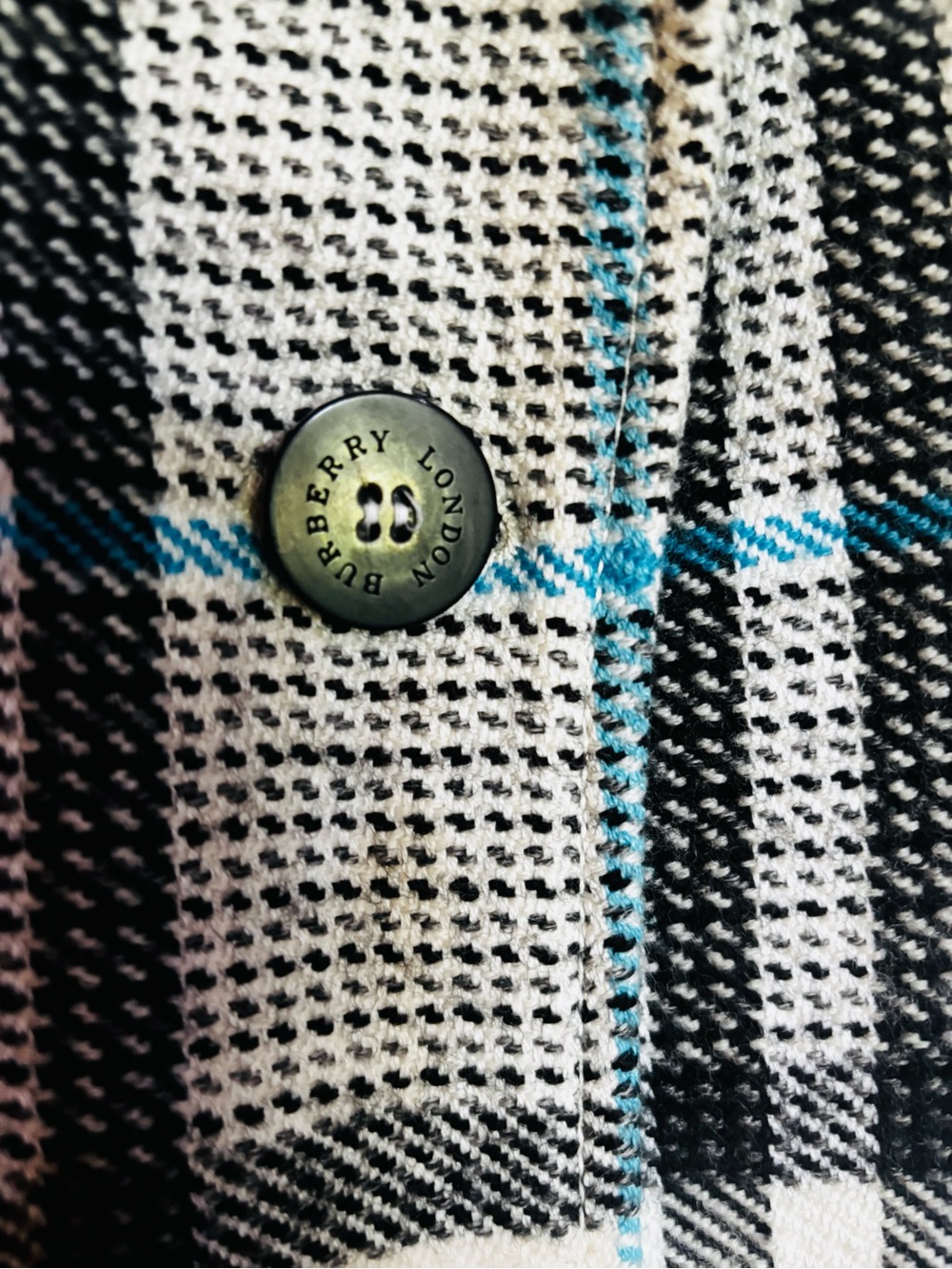 Burberry Black White Gray Plaid Trench Coat with Light Blue Accents - Picture 5 of 12